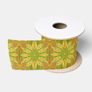 Sun Flower bohemian floral art yellow green orange Satin Ribbon