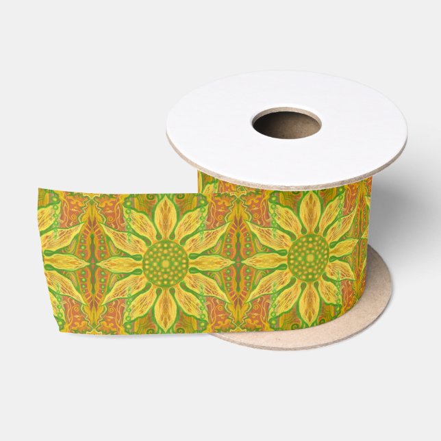Sun Flower bohemian floral art yellow green orange Satin Ribbon (Spool)