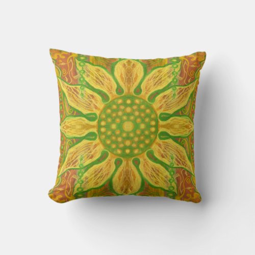 Sun Flower bohemian floral art yellow green orange Throw Pillow