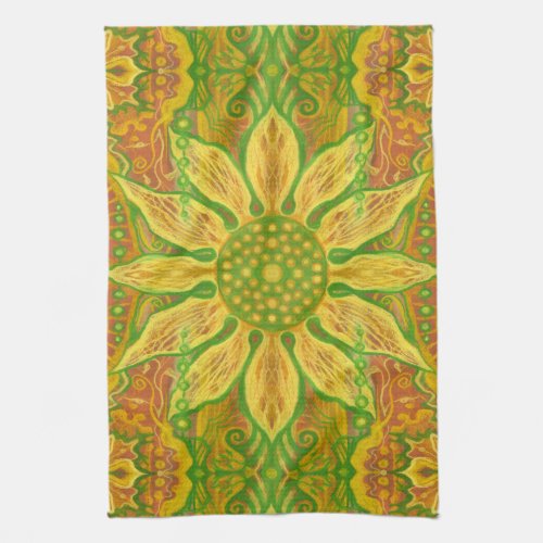 Sun Flower bohemian floral art yellow green orange Towel