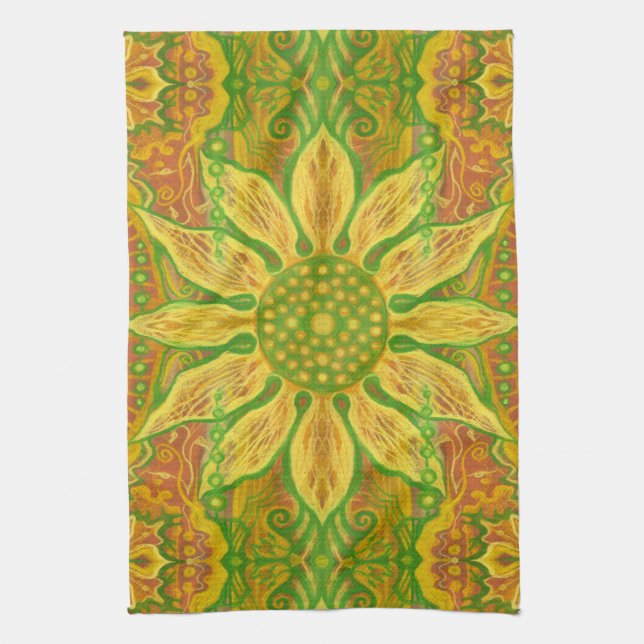 Sun Flower bohemian floral art yellow green orange Towel (Vertical)