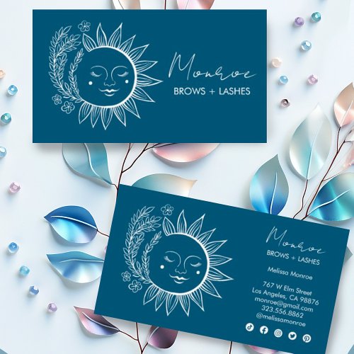 Sun Flower Boho Line Art Elegant Blue Social Icons Business Card