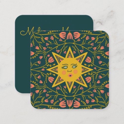 Sun  Flowering Vines Elegant Boho teal  Square Business Card