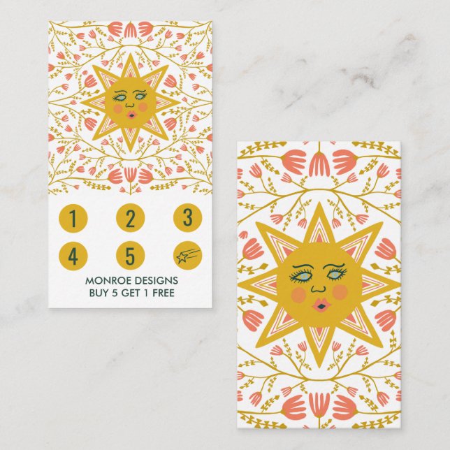 Sun & Flowering Vines Elegant Illustrated Boho 5 Loyalty Card (Front/Back)