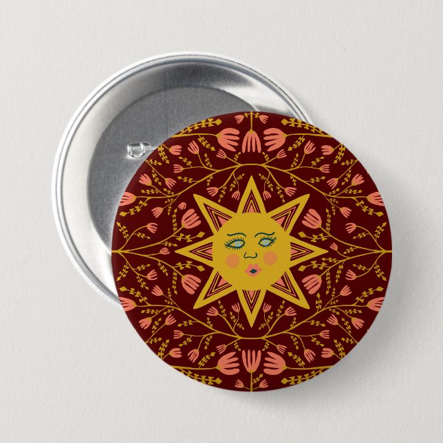 Sun & Flowering Vines Pattern Boho Burgundy Button (Front & Back)