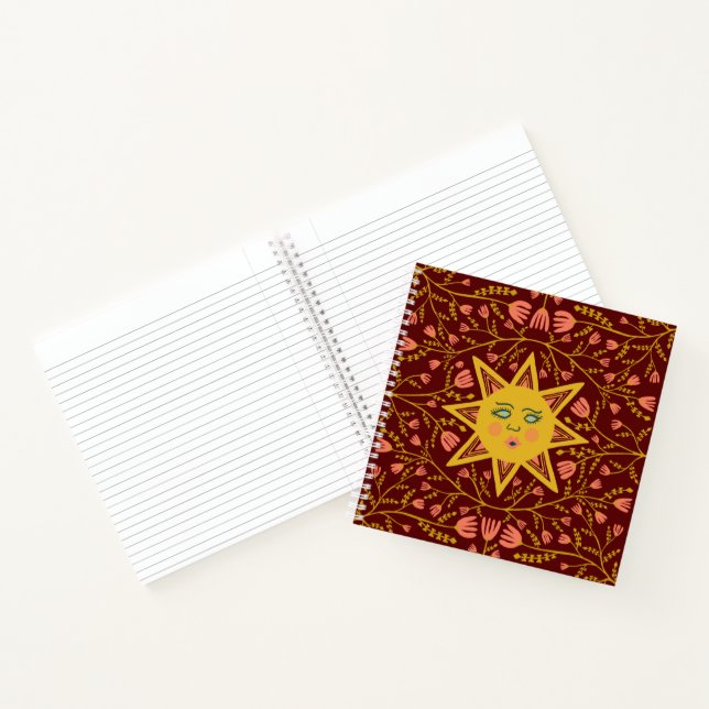 Sun & Flowering Vines Pattern Boho Burgundy Notebook (Inside)