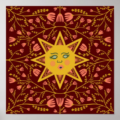 Sun  Flowering Vines Pattern Boho Burgundy Poster