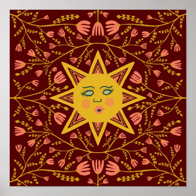 Sun & Flowering Vines Pattern Boho Burgundy Poster (Front)