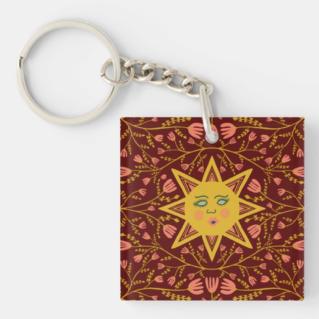 Sun & Flowering Vines Pattern Boho Keychain (Front)