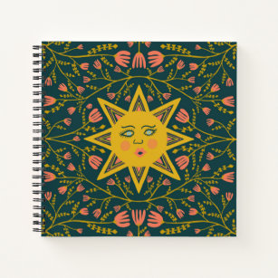 Sun & Flowering Vines Pattern Dark Notebook