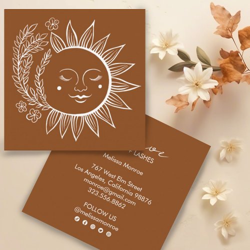 Sun Flowers Boho Line Art Earthy Social Media Square Business Card