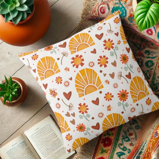 Sun Fun Pattern Yellow Retro Dorm Room Throw Pillow (Creator Uploaded)