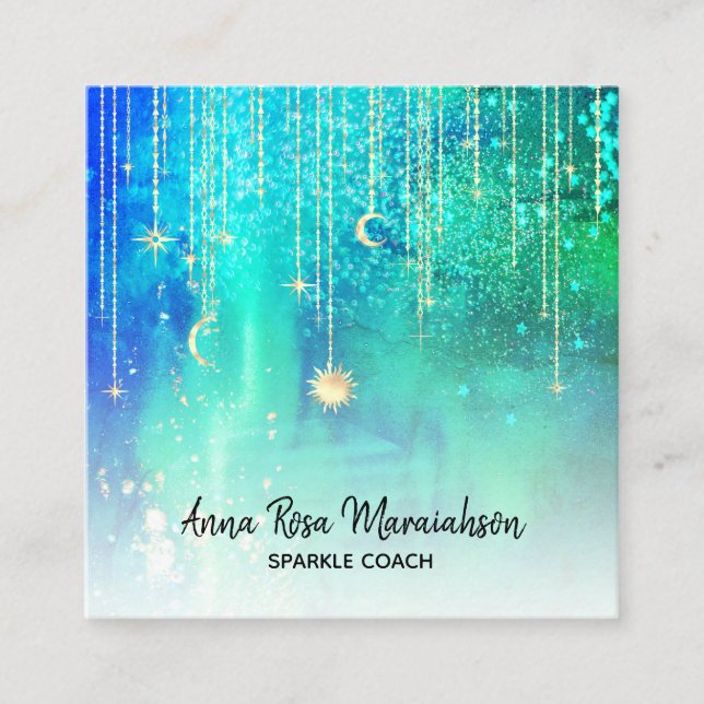 *~* Sun Gold Stars Sparkle Moon Celestial Cosmic Square Business Card (Front)