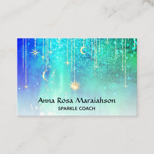 *~* Sun Gold Stars Sparkle Moon Celestial Rainbow  Business Card (Front)