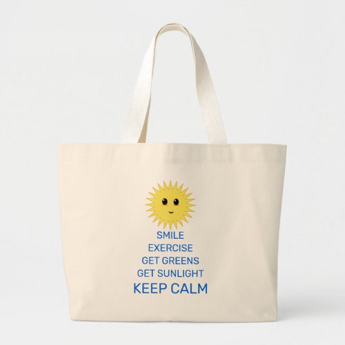 Sun happy face and positive words large tote bag