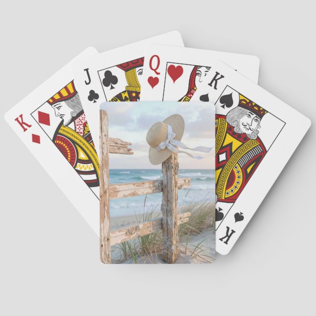 Sun Hat On a Beach Fence Poker Cards (Back)