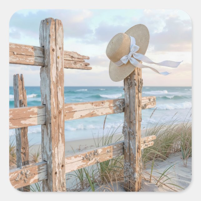 Sun Hat On a Beach Fence Square Sticker (Front)
