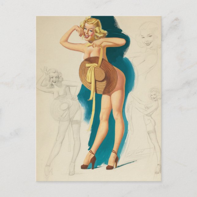 Sun Hat Pin Up Art Postcard (Front)
