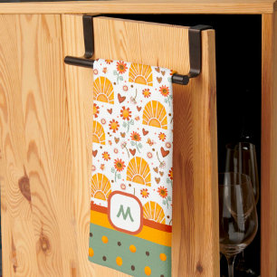  Sun Hearts Fun Chic Pattern Monogram  Initial Kitchen Towel