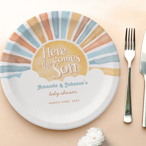 Sun Here Comes the Son Boy Baby Shower  Paper Plates