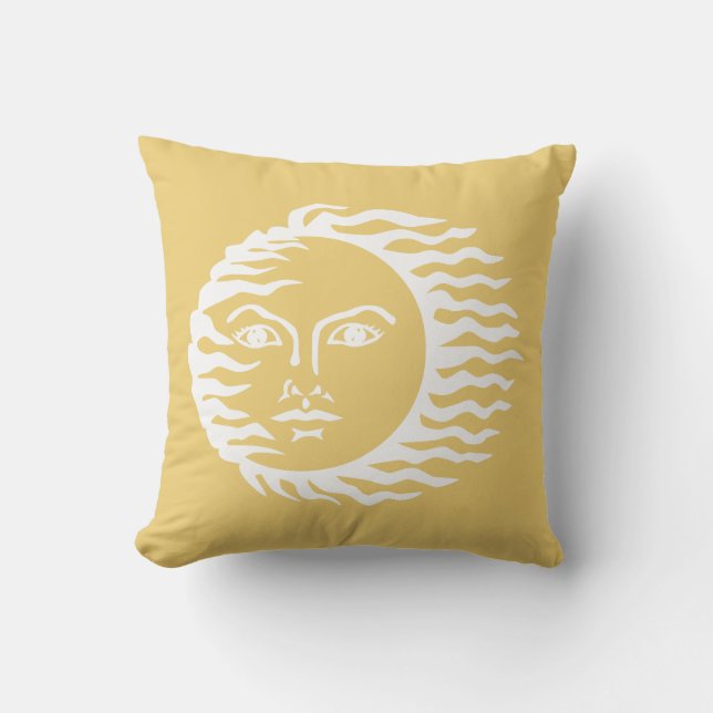 Sun Human Face Mustard Yellow Outdoor Pillow (Front)