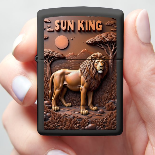 Sun King Lion Savannah Embossed Zippo Lighter (In Hand)