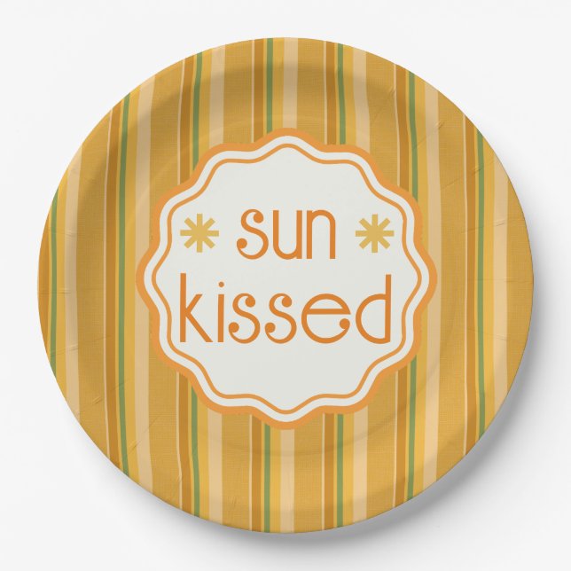 Sun Kissed Golden Yellow Orange Green Rust Stripe  Paper Plates (Front)