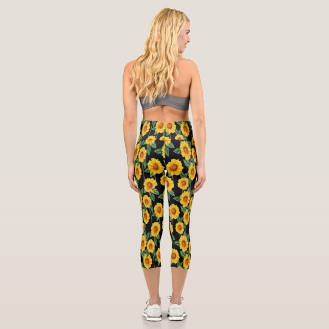 Sun-Kissed Sunflower Delight – Seamless Floral  Capri Leggings (Back)