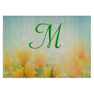 Sun Kissed Tulips Monogram Glass Cutting Board
