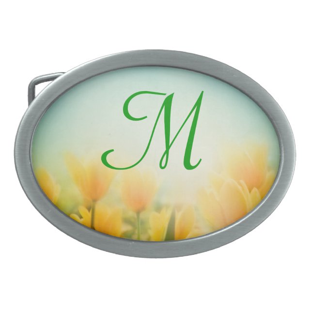 Sun Kissed Yellow Tulips Monogram Belt Buckle (Front)
