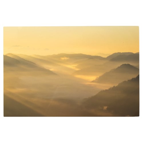 Sun light shining on morning fog metal print