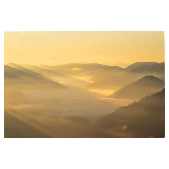 Sun light shining on morning fog metal print (Front)