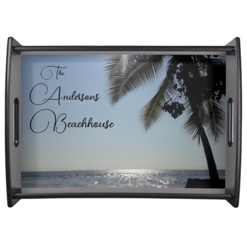 Sun lit Palm Tree Ocean Family Name Serving Tray
