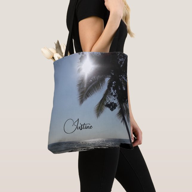 Sun lit Palm Tree Ocean Personalized Tote Bag (Close Up)