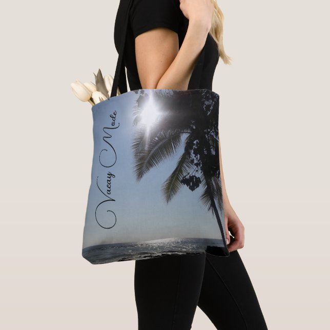 Sun lit Palm Tree Ocean Personalized Vacay Mode Tote Bag (Close Up)