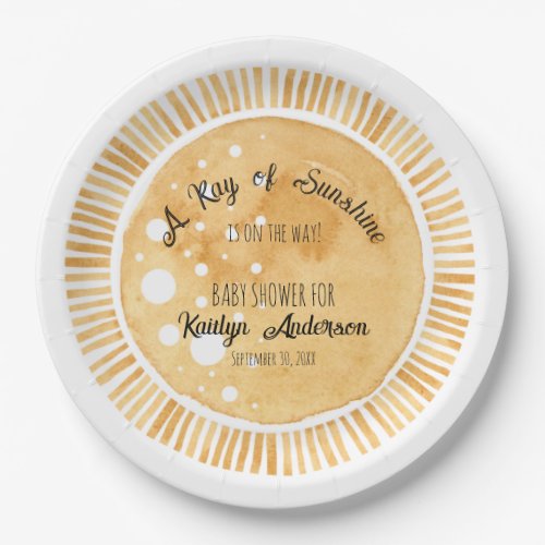 Sun Little Ray of Sunshine Watercolor Baby Shower Paper Plates