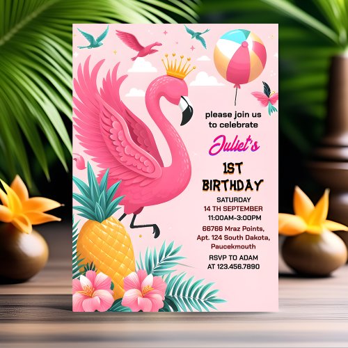 sun Luau Fly Pink Flamingo Pool Party 1st birthday Invitation