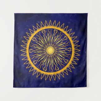 Sun Mandala Gold Orange on Celestial Blue Tapestry