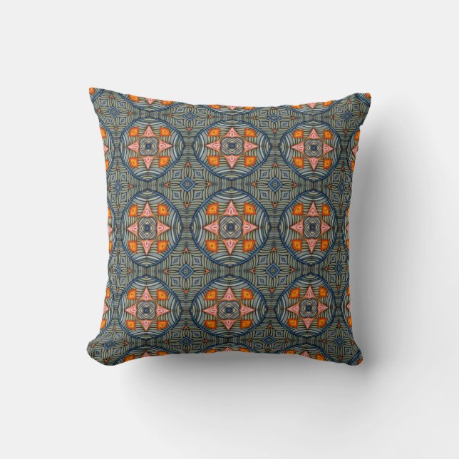  Sun Medallion Pattern in Orange and Slate Throw Pillow (Front)