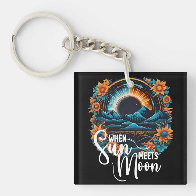 Sun Meets Moon, Orange Floral Eclipse Landscape Keychain (Front)