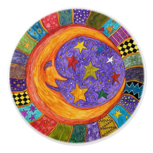 Sun, Moon and Stars Door Knob - Ceramic