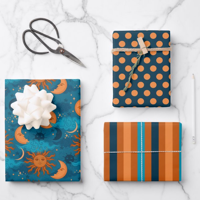 Sun, Moon and Stars Wrapping Paper Set of 3 (Front)