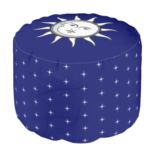 Sun  Moon and White Star Pattern on Blue Pouf