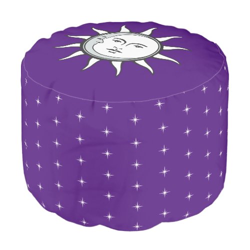Sun  Moon and White Star Pattern on Royal Purple Pouf