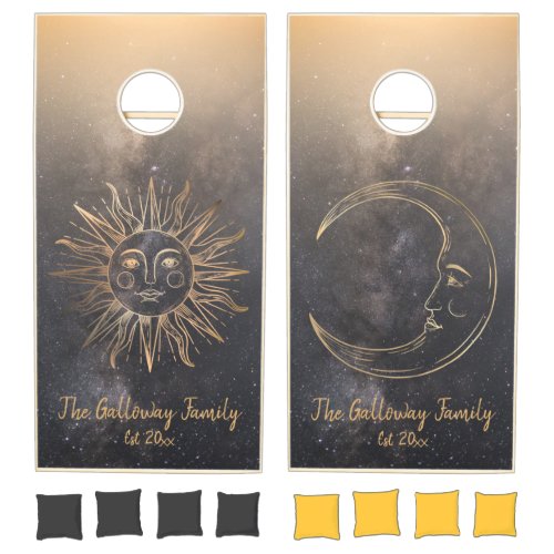 Sun Moon Astrology Gold Celestial Glitter Monogram Cornhole Set
