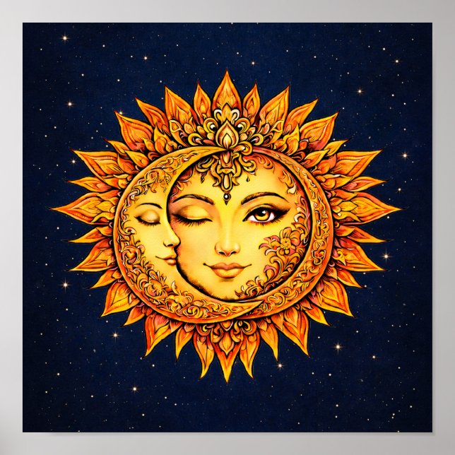 Sun Moon Boho Goddess | Celestial Face Mandala Art Poster (Front)