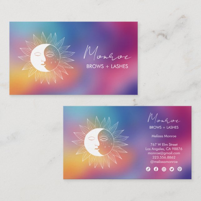 Sun & Moon Boho Line Art Chic Rainbow Social Icons Business Card (Front/Back)