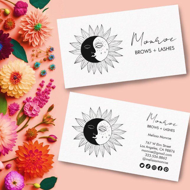 Sun & Moon Boho Line Art Elegant B&W Social Icons Business Card (Moon and sun design with custom social media icons. Edit to suit your needs. )