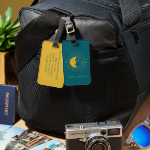 Sun & Moon Boho Line Art Elegant Gold Blue CUSTOM Luggage Tag