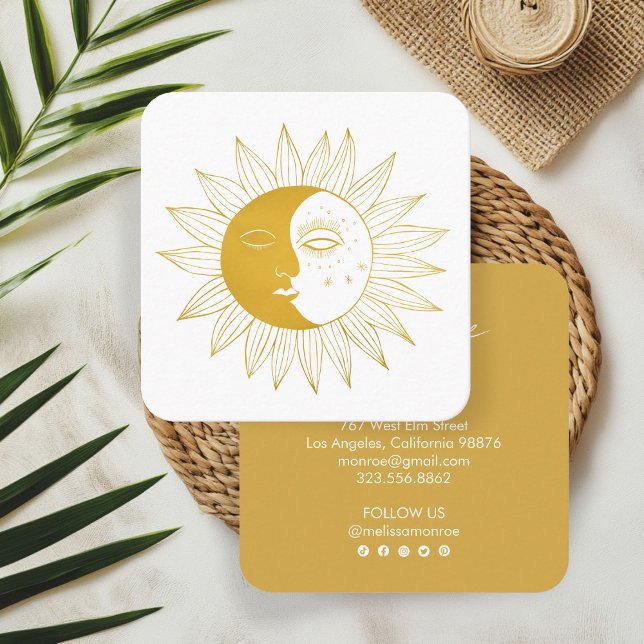 Sun & Moon Boho Line Art Elegant Gold Social Icons Square Business Card (Sun & Moon Boho Line Art Elegant Gold Social Icons Square Business Card
)